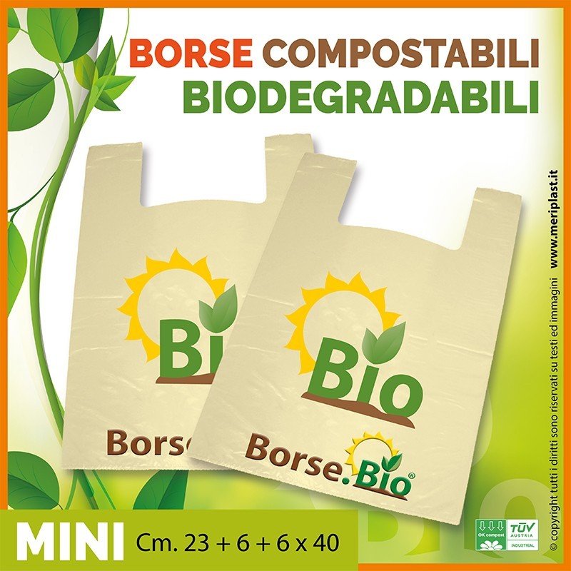 Shoppers mini generiche Cm. 23 + 6 + 6 x 40 compostabili biodegradabili UNI EN 13432 Shoppers mini generiche Cm. 23 + 6 + 6 x 40 compostabili biodegradabili UNI EN 13432