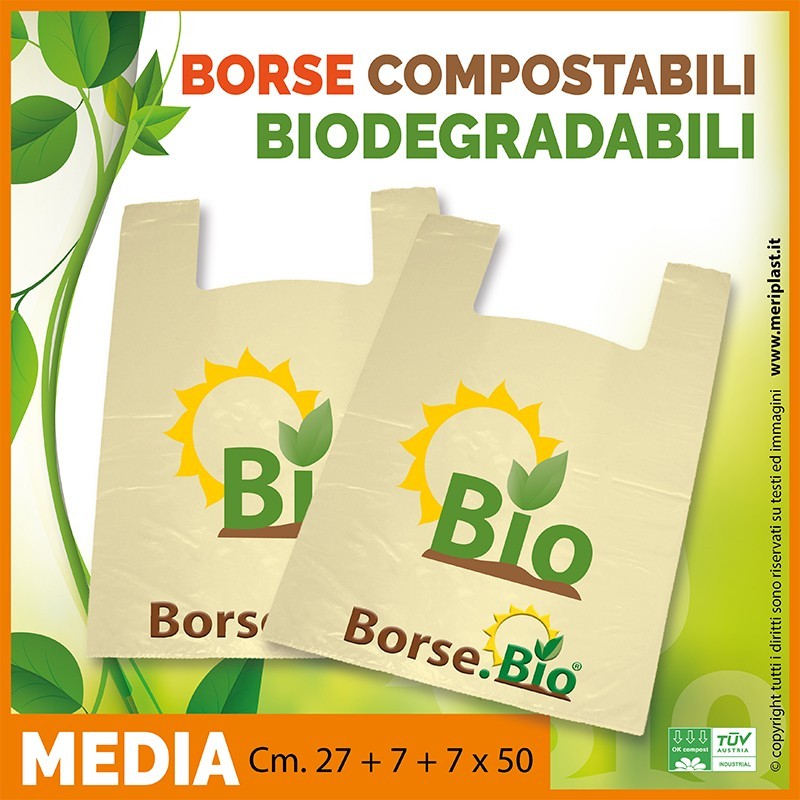 Shoppers medie generiche Cm. 27 + 7 + 7 x 50 compostabili biodegradabili UNI EN 13432 Shoppers medie generiche Cm. 27 + 7 + 7 x 50 compostabili biodegradabili UNI EN 13432
