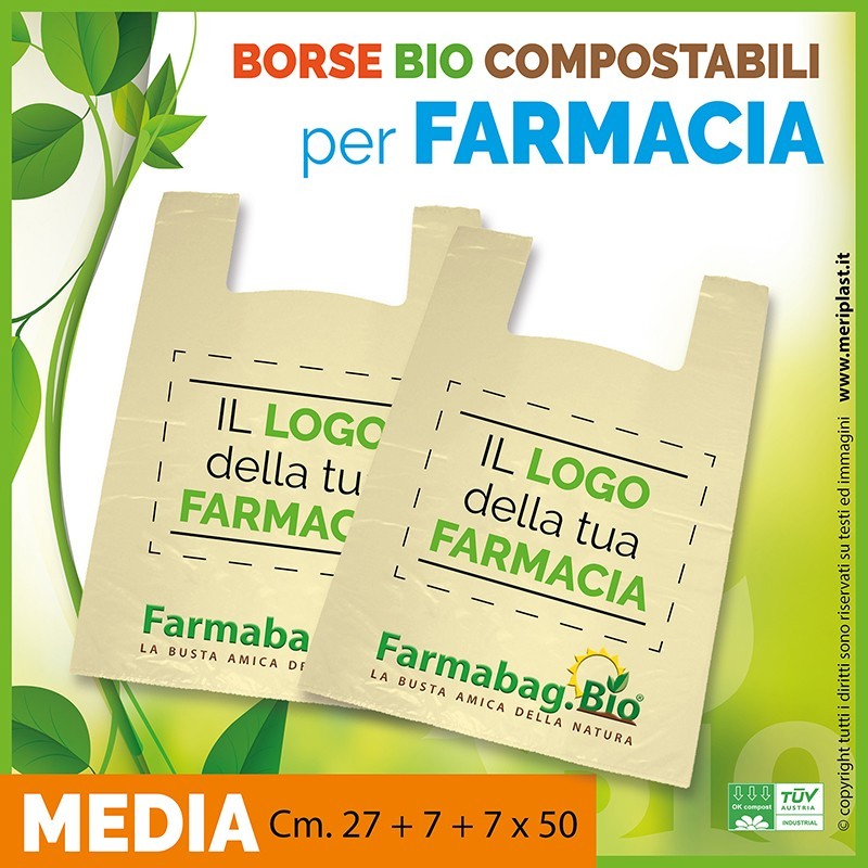 Shoppers per Farmacia personalizzate medie Cm. 27 + 7 + 7 x 50 compostabili biodegradabili UNI EN 13432 Shoppers per Farmacia personalizzate medie Cm. 27 + 7 + 7 x 50 compostabili biodegradabili UNI EN 13432