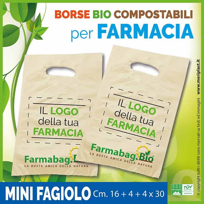 Shoppers per Farmacia personalizzate mini fagiolo Cm. 16 + 4 + 4 x 30 compostabili biodegradabili UNI EN 13432 Shoppers per Farmacia personalizzate mini fagiolo Cm. 16 + 4 + 4 x 30 compostabili biodegradabili UNI EN 13432